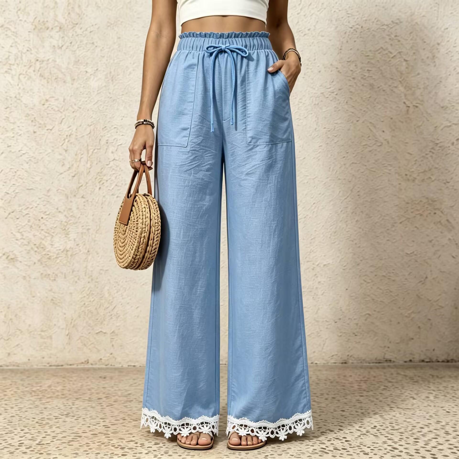 Womens New Lace-trimmed Loose-fit Wide-leg Casual High-waist Straight-leg Trousers