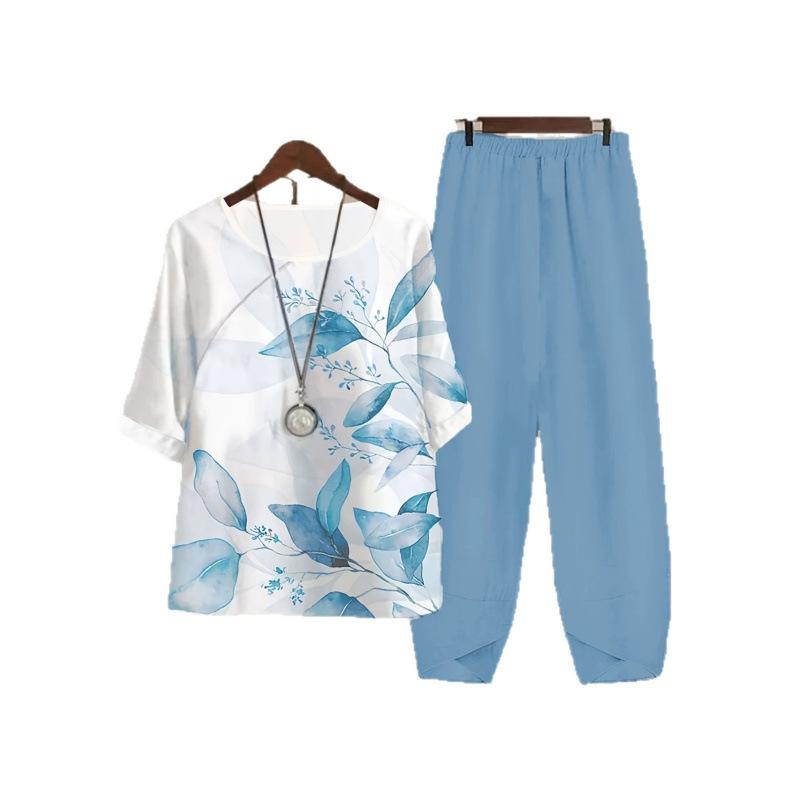 Womens Fashionable Printed Relaxed-fit Short-sleeve Set