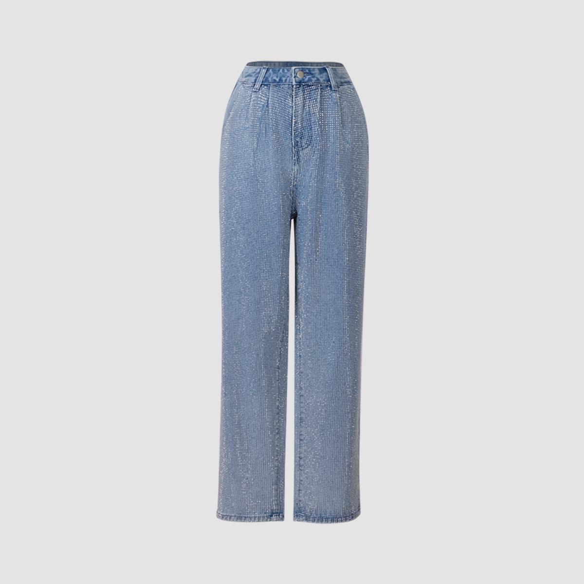 Elegant Glittery Denim Crop Top And Pants Ensemble