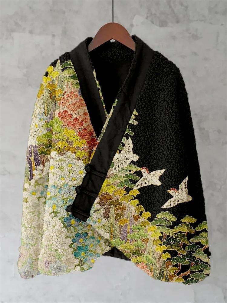 Womens Fleece Sweater With 3D Digital Floral Print In Japanese Style