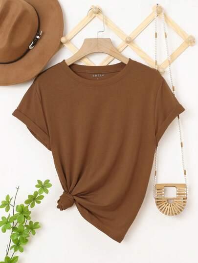 Solid Round Neck Tee Celebrity-Style Short-Sleeve Casual Top