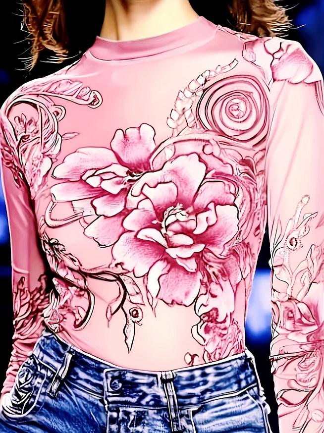 Floral Print High Neck Slim Fit Women's Long Sleeve Sheer Mesh Base Layer Top