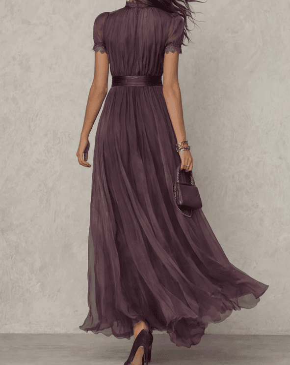 2026 Summer New Dark Purple High Collar Lace Edge Waist Short Sleeve Big Swing Chiffon Long Dress