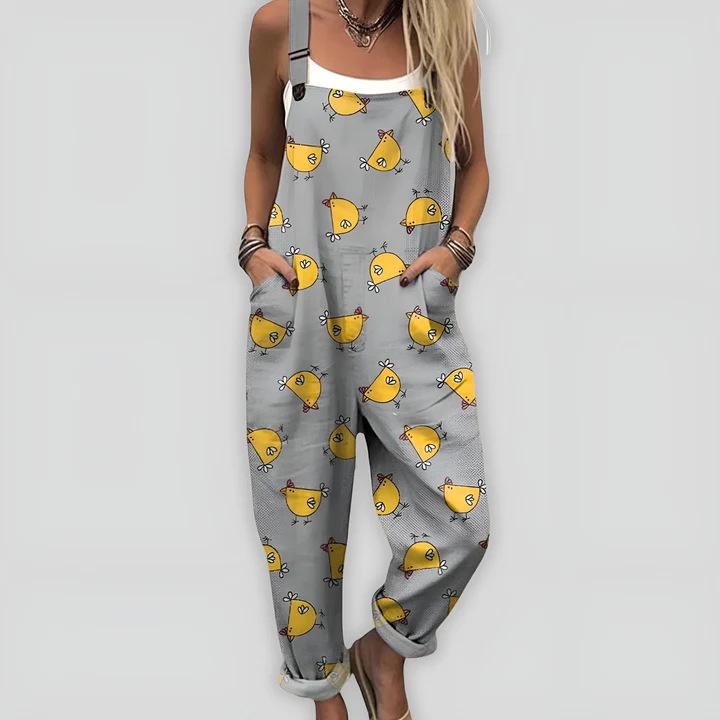 Printed-button Casual Suspender Pants For Women