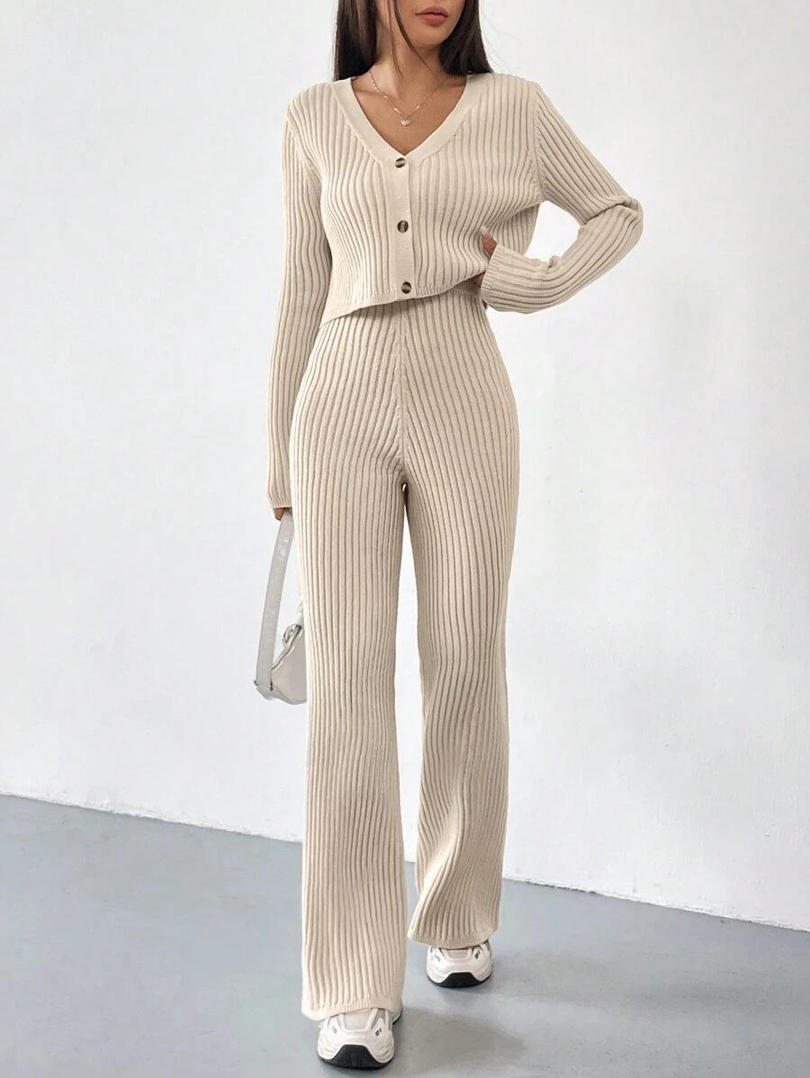 Solid Color Knitted Two-piece Women's V-neck Short Knitted Cardigan Bootcut Trousers Versatile Casual Women's Clothing