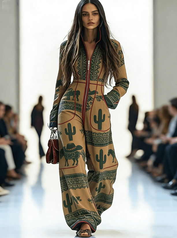 Zippered Long-sleeved Casual Wide-leg Jumpsuit