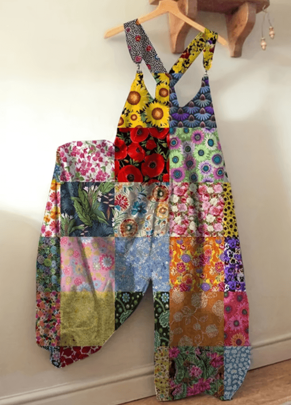 Bohemian Style Colorful Patchwork Overalls Wide-leg Jumpsuit For Women