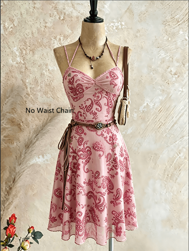 Paisley Print Halter Spaghetti Strap Mesh A Line Mini Dress