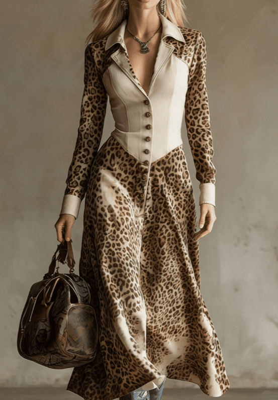American Retro Style Lapel Fitted Waist Long Shirt Dress For Women