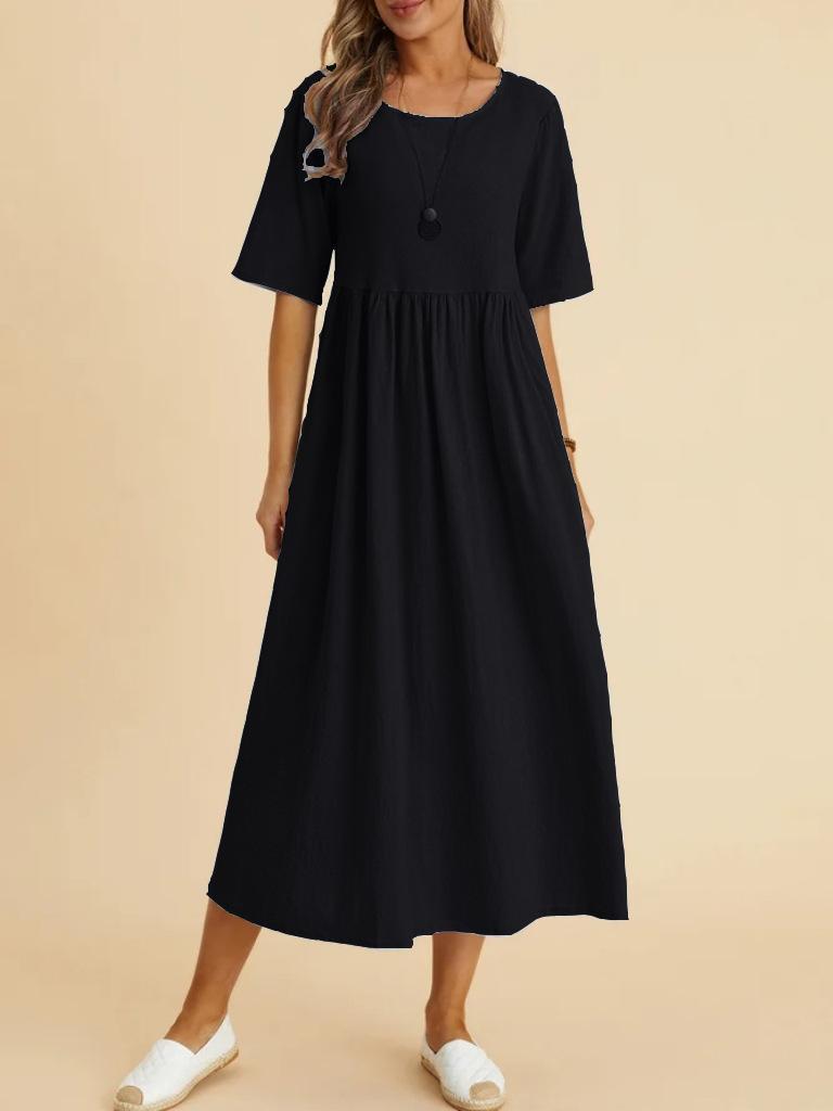 Plus Size Loose Cotton Linen Dress, Round Neck  Sleeve Midi Dress With Pockets