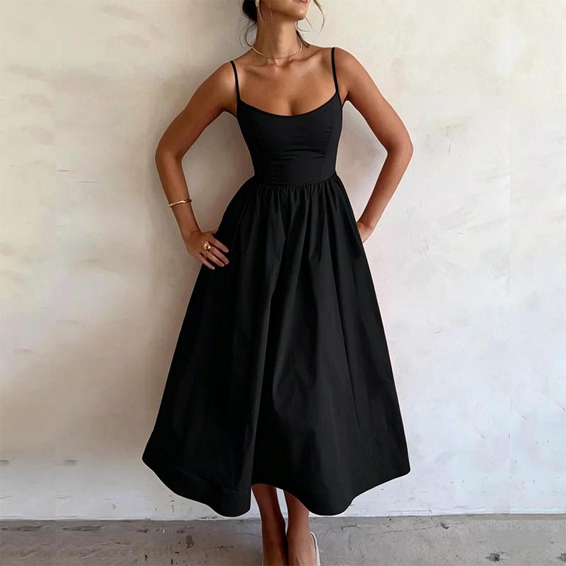 New Summer Women  Fashion Cross-Border European And American Dress Sexy Waist-Tied Pleated Solid Color Flared Spaghetti Strap Dress