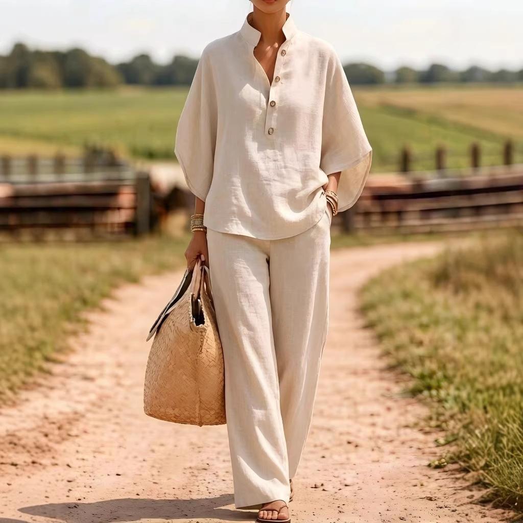 Linen Two-Piece Set For Women Shirt And Wide-Leg Pants