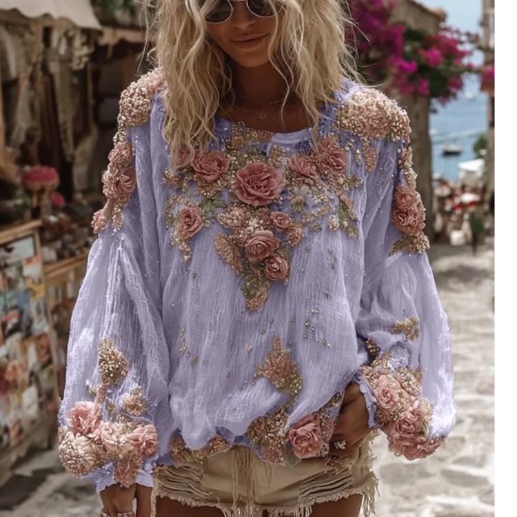 Women's 3D Printed Long-sleeved Shirt Loose All-match High-grade Top