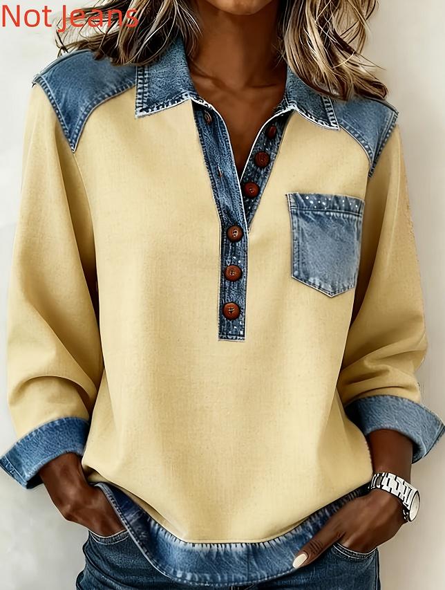 Denim Patchwork Collar Button-down Casual Long-sleeved Top
