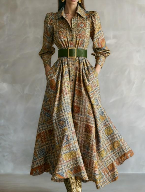 Waist-cinching Shirt Collar Casual Long Dress