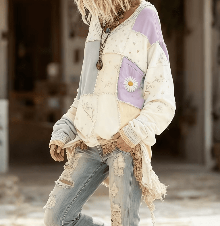 Patchwork Casual V-neck Long-sleeved Loose Top