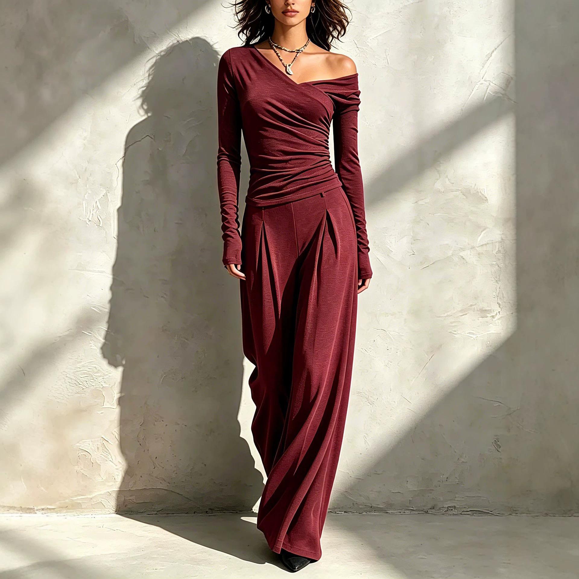Irregular Off-shoulder Long-sleeve Top High-waisted Wide-leg Pants Womens Outfit