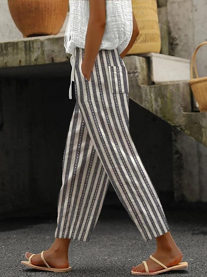 Drawstring Pocket Striped Print Casual Pants