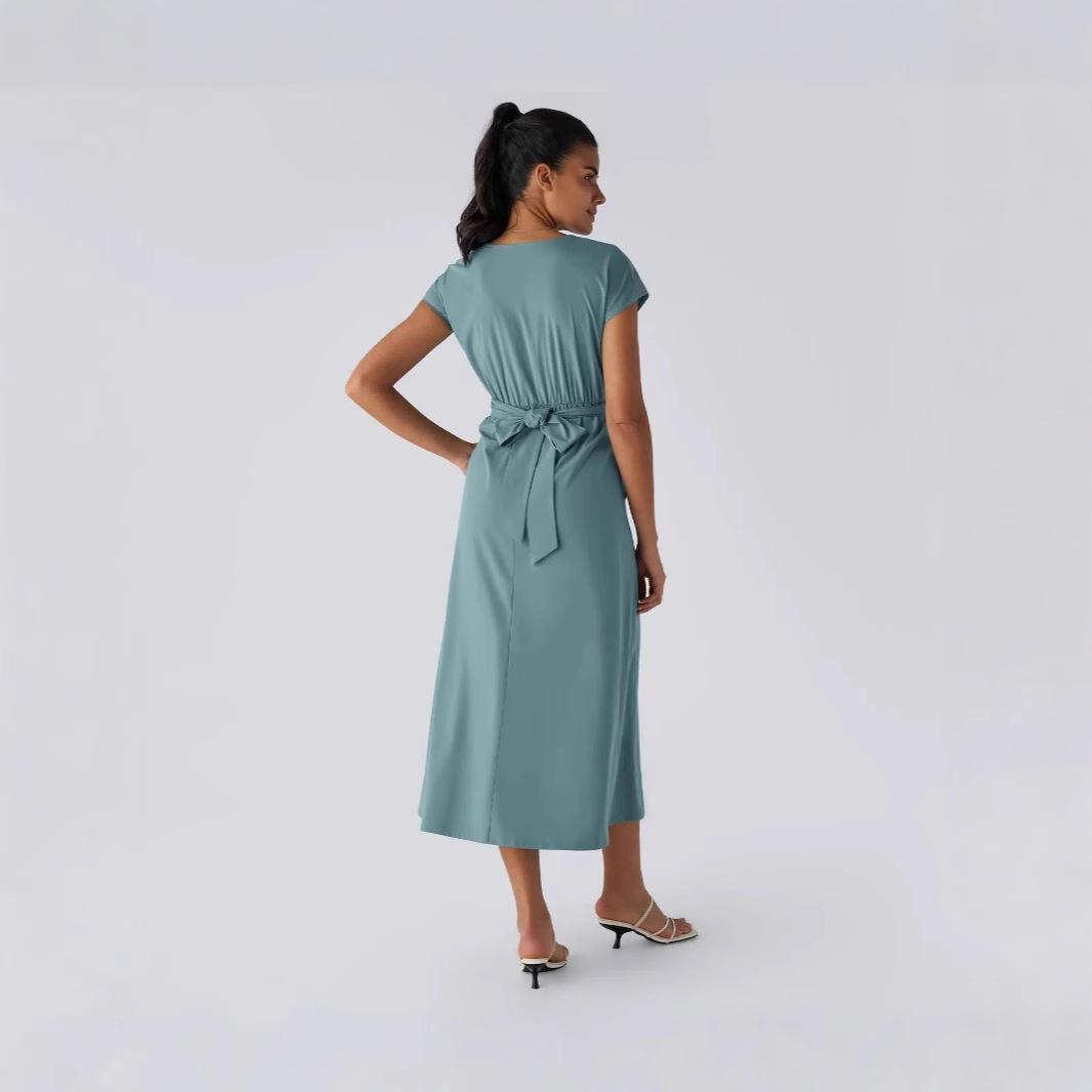 Solid Color Overlapping V-neck Short Sleeve Side Pocket Lace-up Quick-drying Mid-length Casual Dress