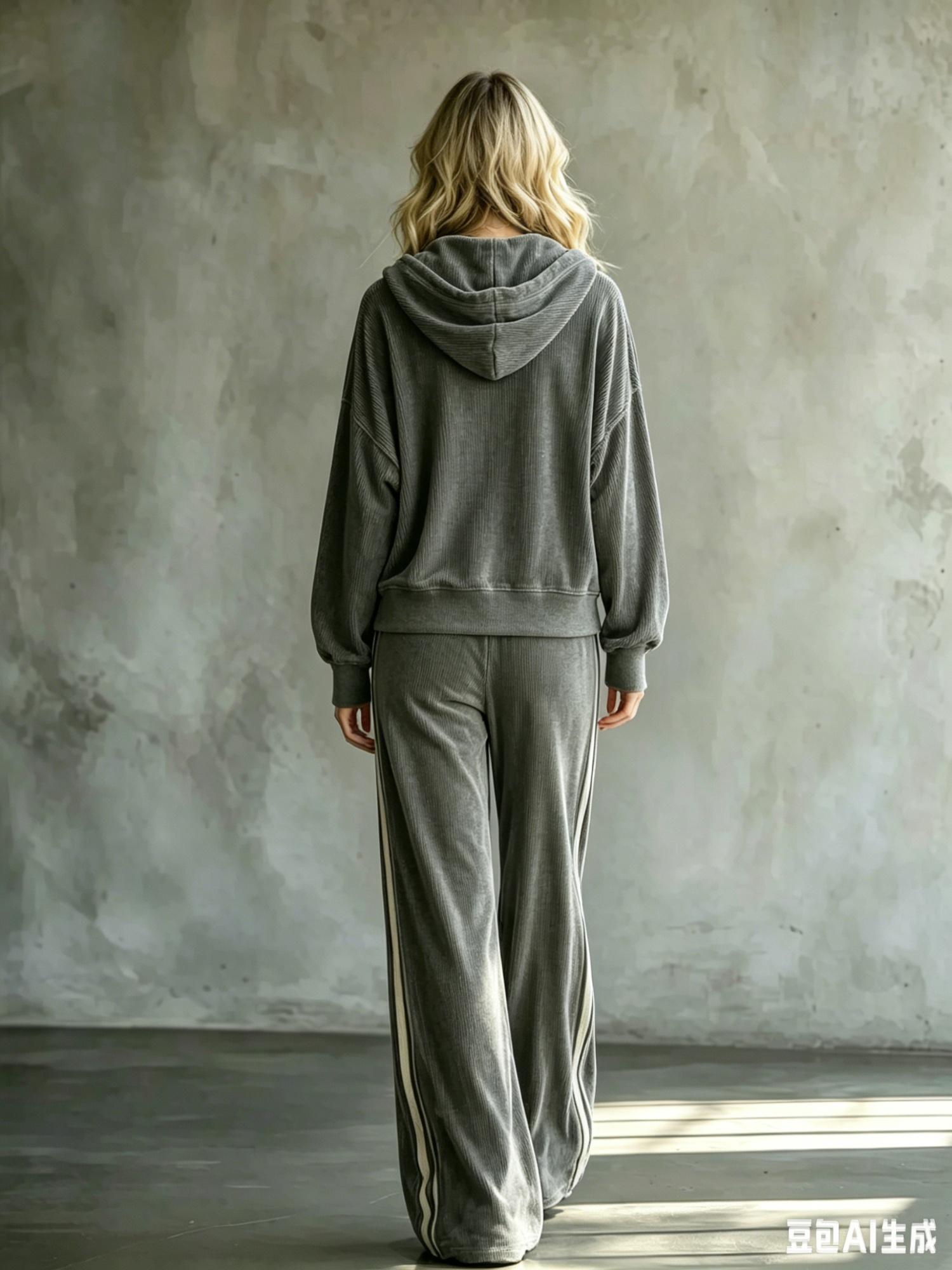 Cozy Grey Velvet Tracksuit, Oversized Hoodie Contrast Side Stripe Drape Wide Leg Sweatpants Outfit