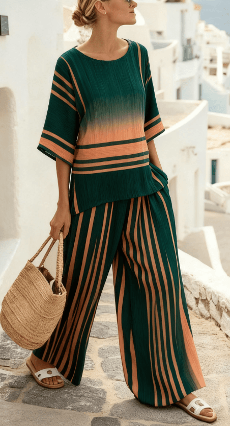 Summer Striped Suits Loose Batwing Sleeve T-shirt And Solid Straight-leg Pants