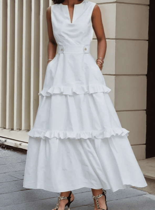 V-neck Sleeveless Fitted Waist Ruffle Dress