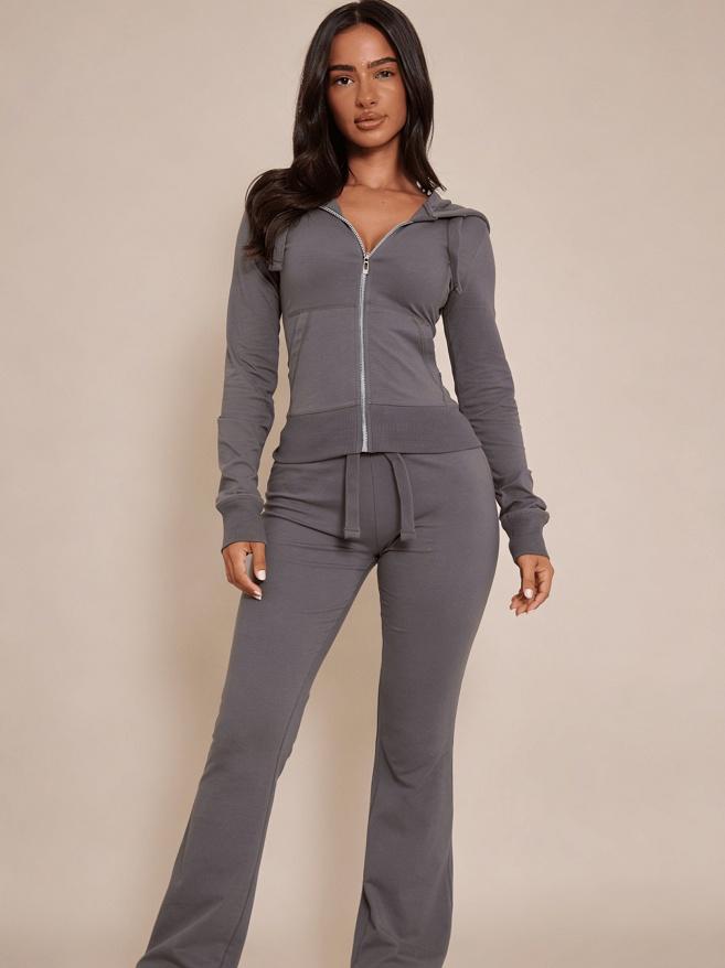 Hot Girl Style Hooded Zip Slim Fit Sweatshirt  Flared Pants Casual Two-Piece Set