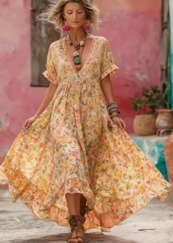 Women's Floral Embroidery Patchwork Art V-Neck Long Dress