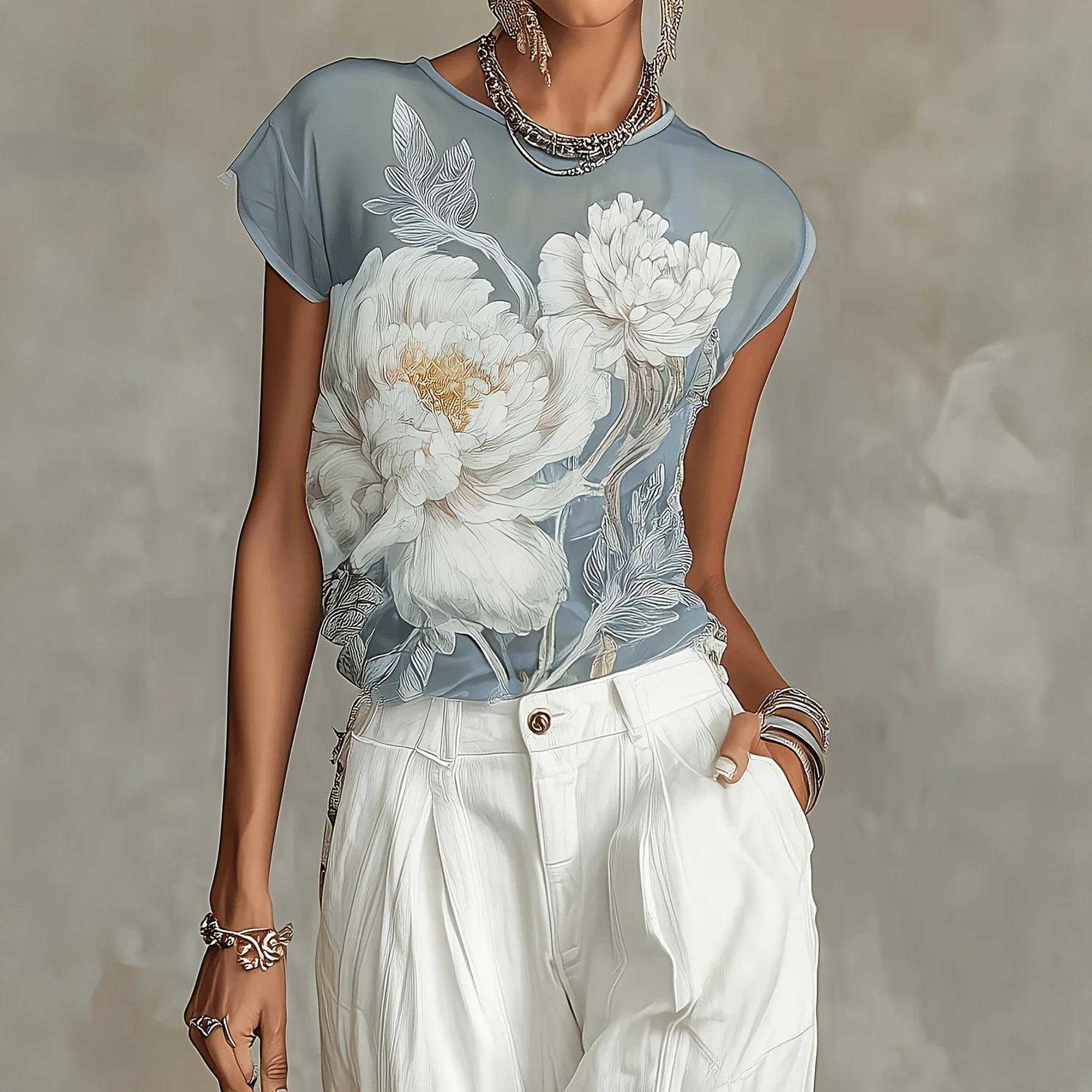 Women's French-style Elegant Gray-blue Mesh Short-sleeve Top
