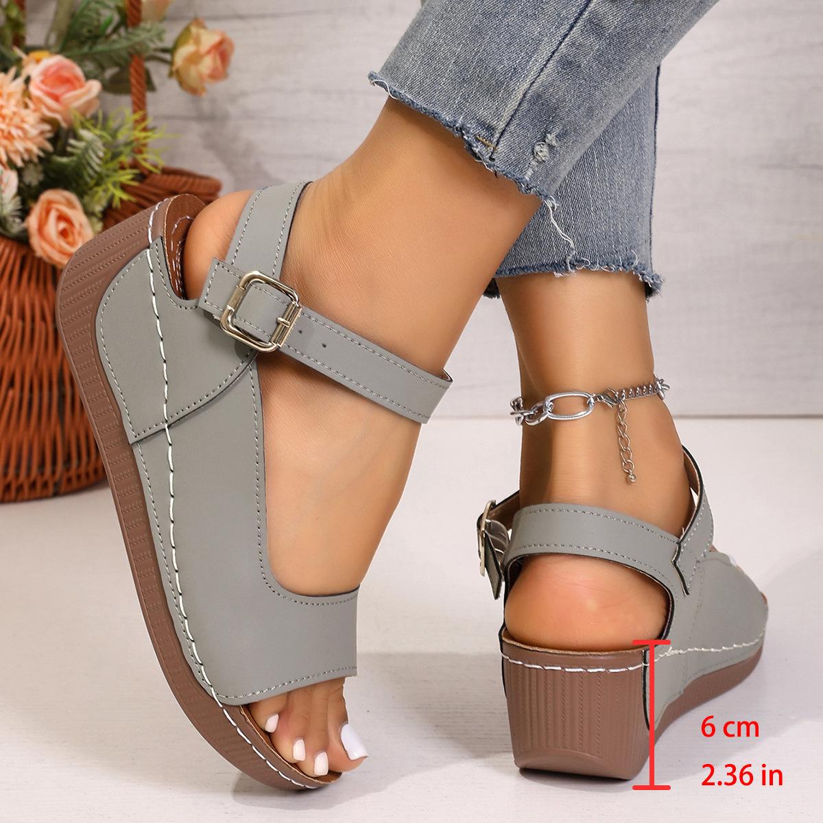 Wedge-heel Thick-soled Breathable Buckle-strapped Womens Beach Sandals