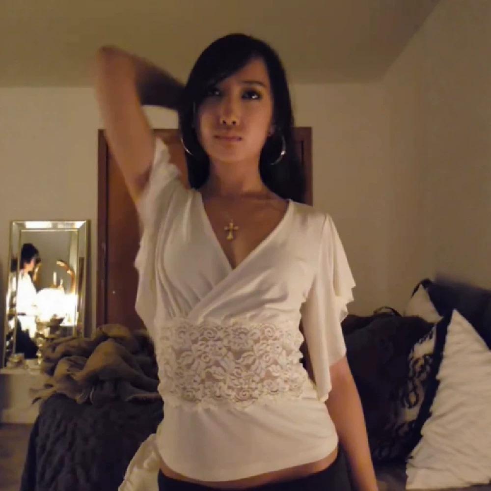 Satin V-neck Cross-design Ruffled Short-sleeve Sheer Lace Crop Top