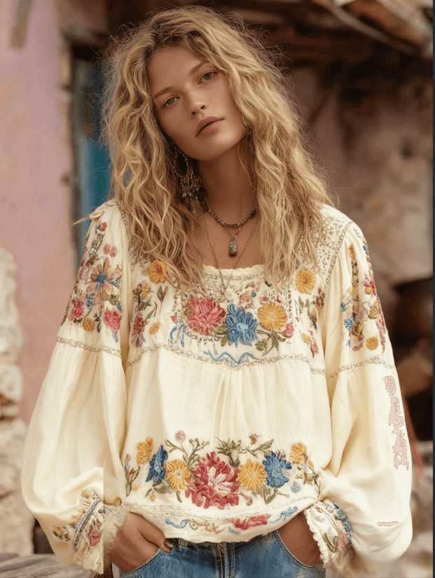 Square-neck Loose Lantern-sleeve Cotton And Linen Top