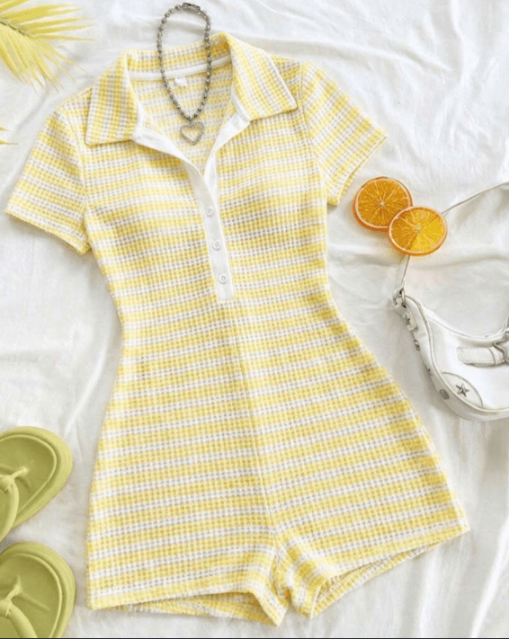 Polo Collar Yellow White Plaid Short Sleeve Romper