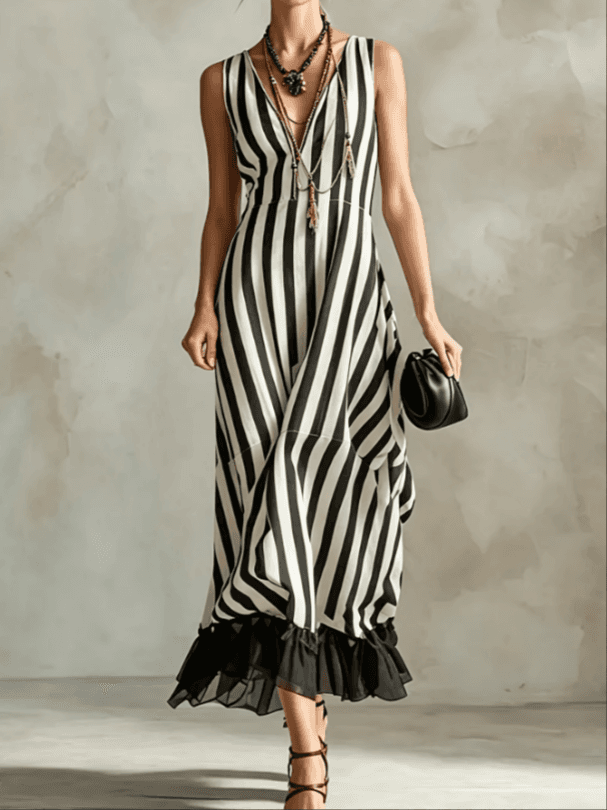 Black And White Vertical Stripe V-neck Sleeveless Patchwork Ruffle Edge Dress