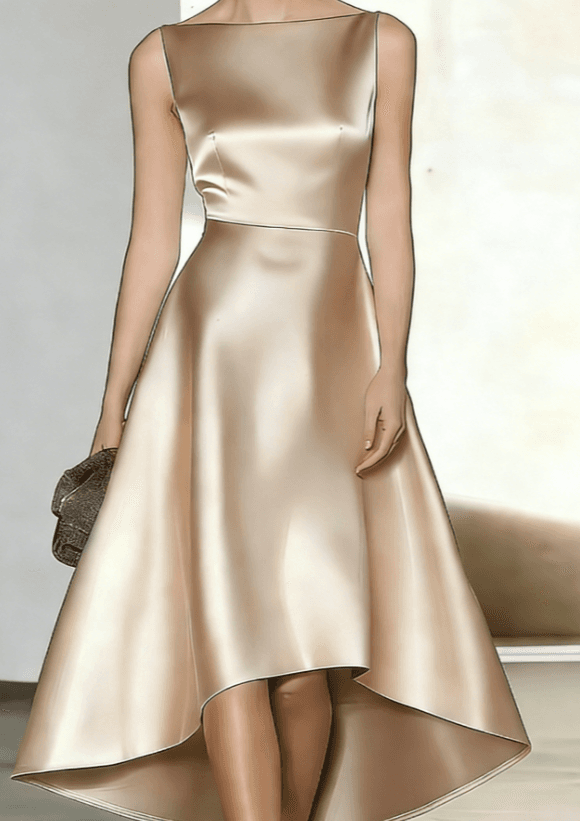 Satin Off-the-shoulder Sleeveless Fitted Waist Asymmetrical Full Skirt Dress