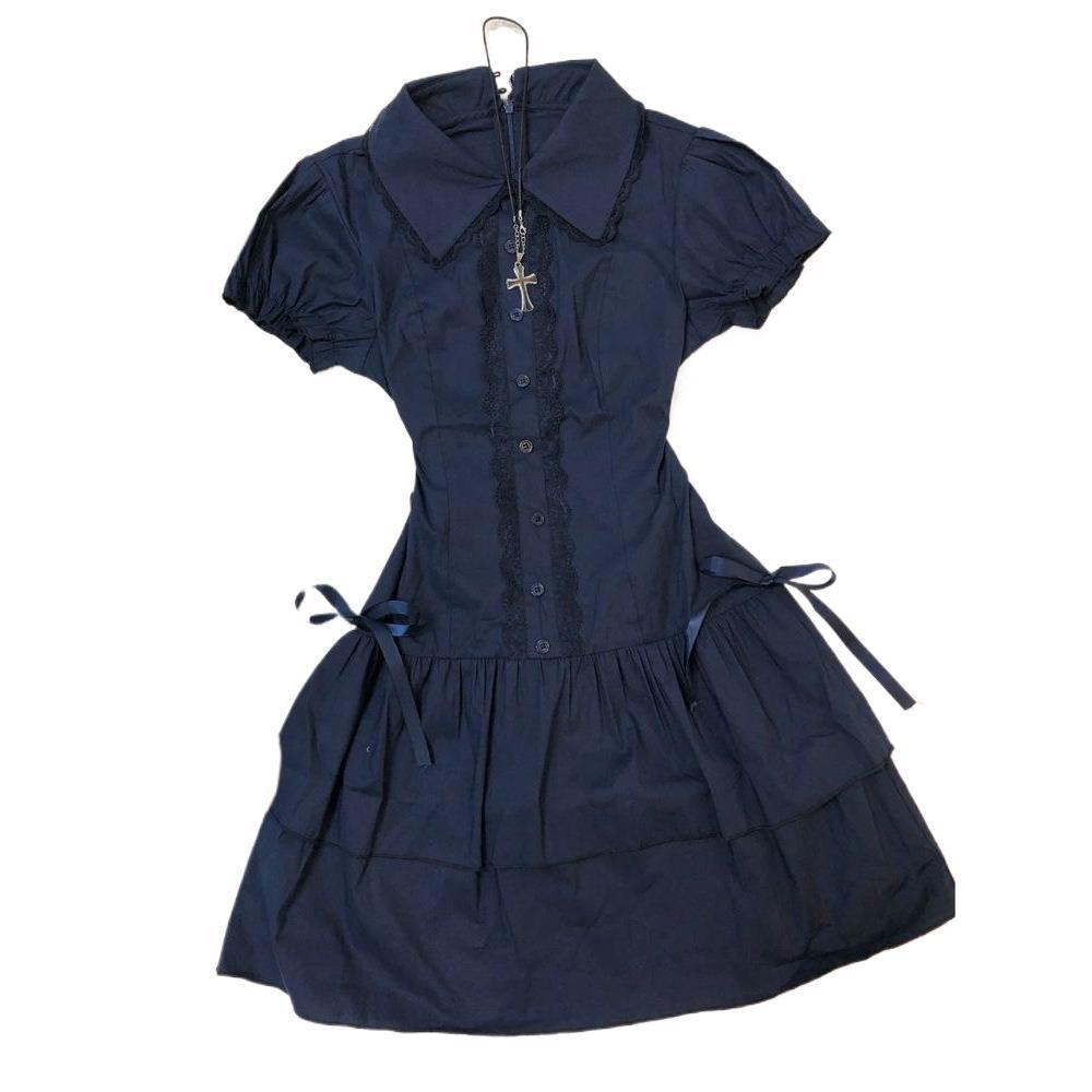 Lace-trimmed Blue Vintage Shirt Dress Short Skirt