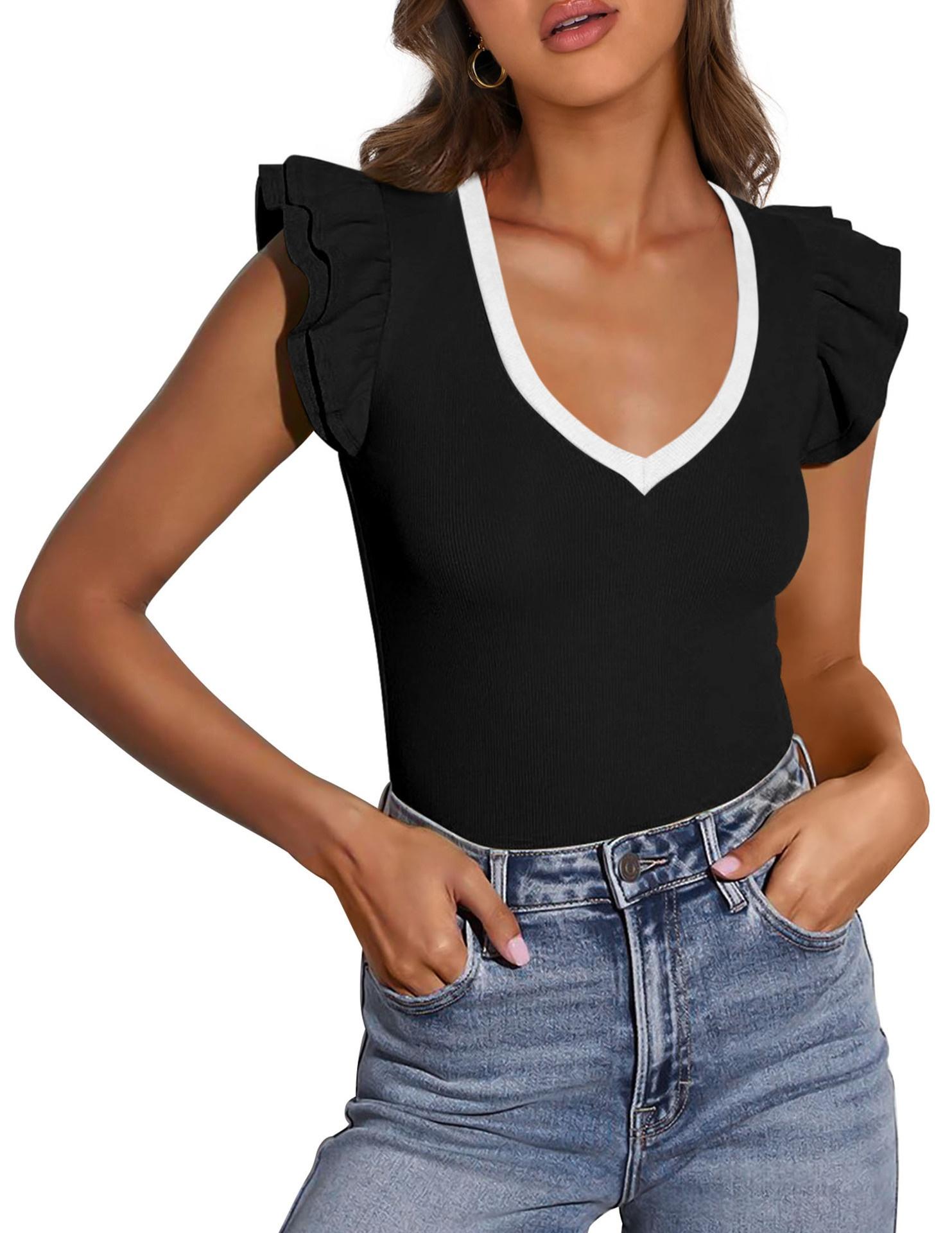 V-neck Ruffle-sleeve Knitted Short-sleeve Top For Women