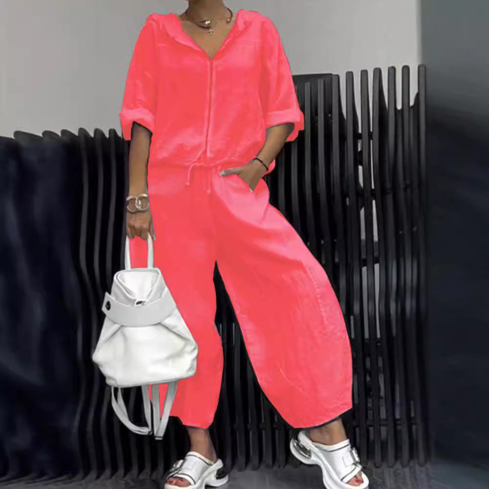 Cotton And Linen Womens Casual Fashion Long-Sleeve Top And Pants Two-Piece Set
