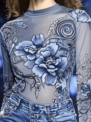 Floral Print High Neck Slim Fit Women's Long Sleeve Sheer Mesh Base Layer Top