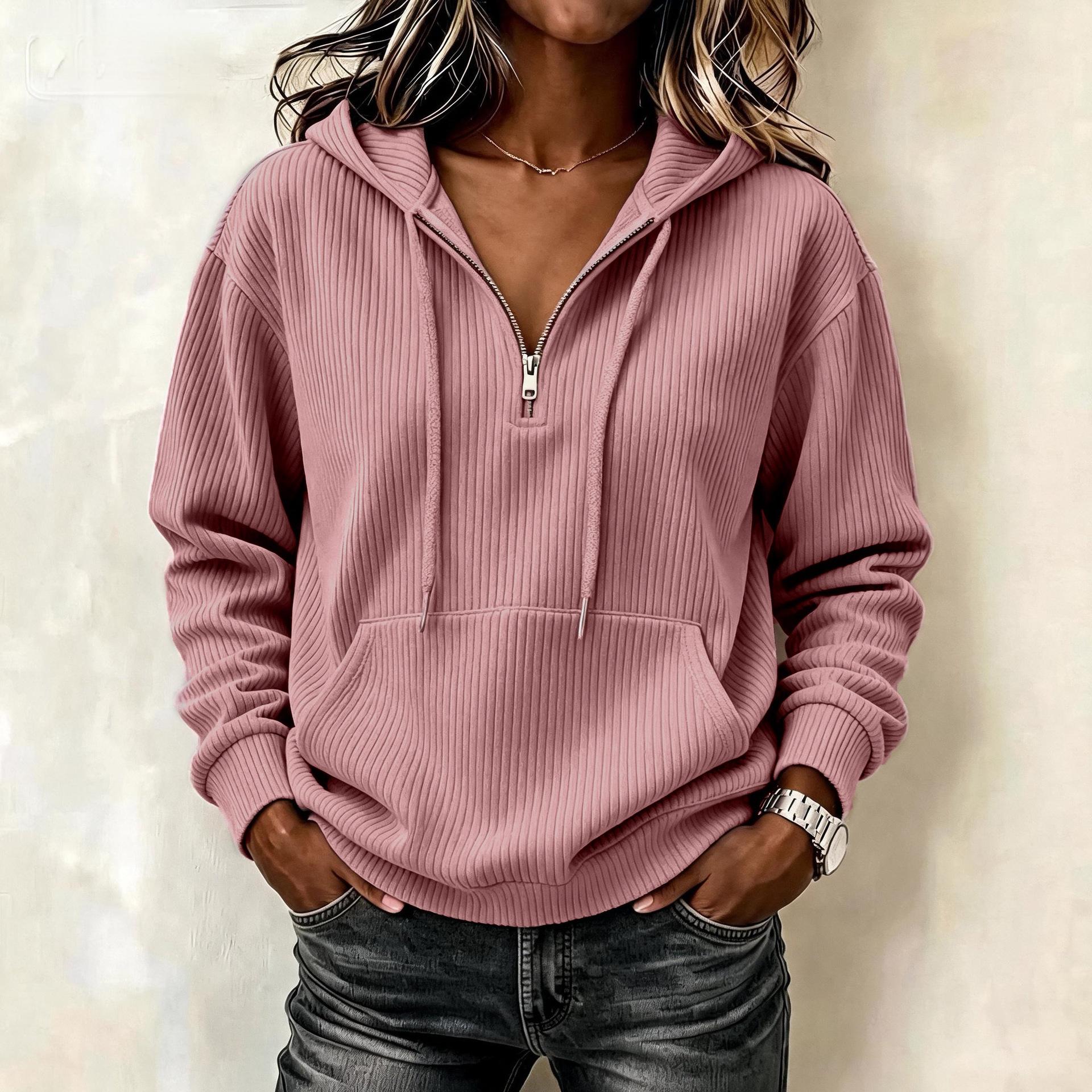 Womens Casual Long-sleeve Hooded Sweatshirt With Pockets And A Zipper