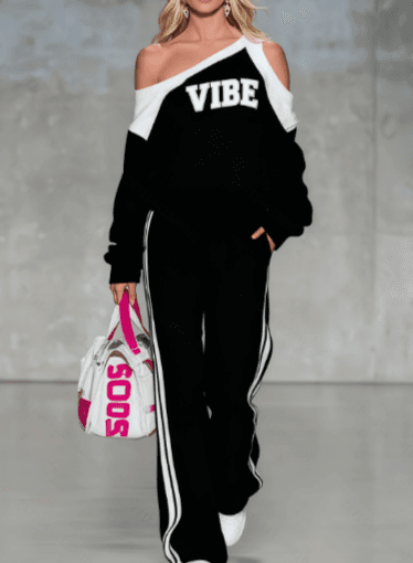American Street-style Off-shoulder Letter Printed Color-block Hoodie And Wide-leg Pants Casual Sport Two-piece Set