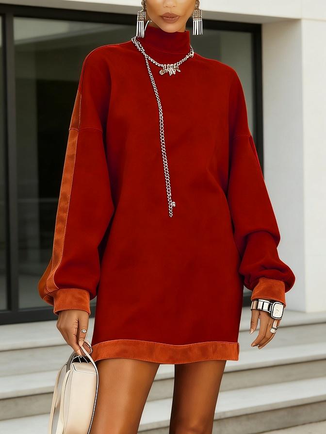 High-neck Contrast Color Velvet Patchwork Sweatshirt Dress
