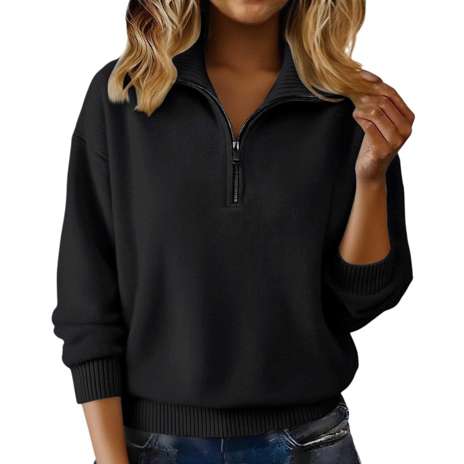 Women's Solid Color Lapel Zip Pullover Sweater, Loose 3D Casual Top For Autumn