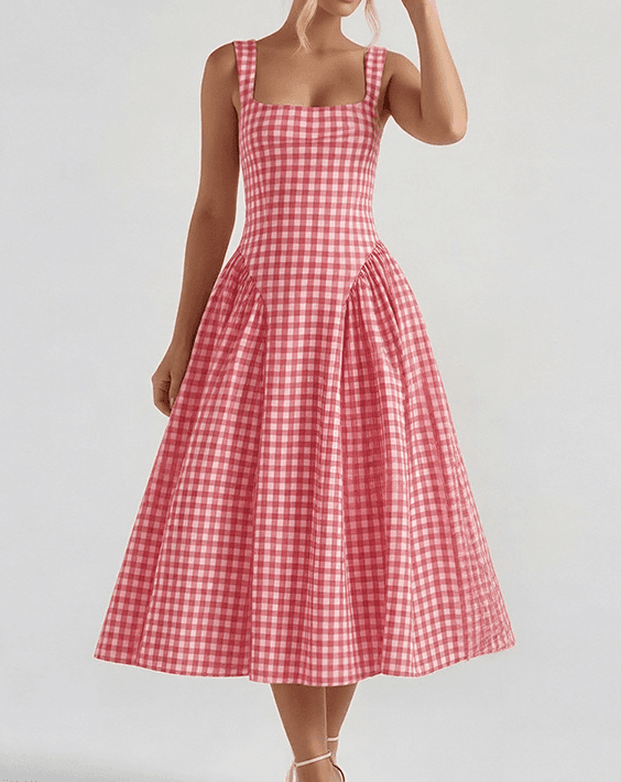 Square Neck Polka Dot Waisted A-Line Midi Dress