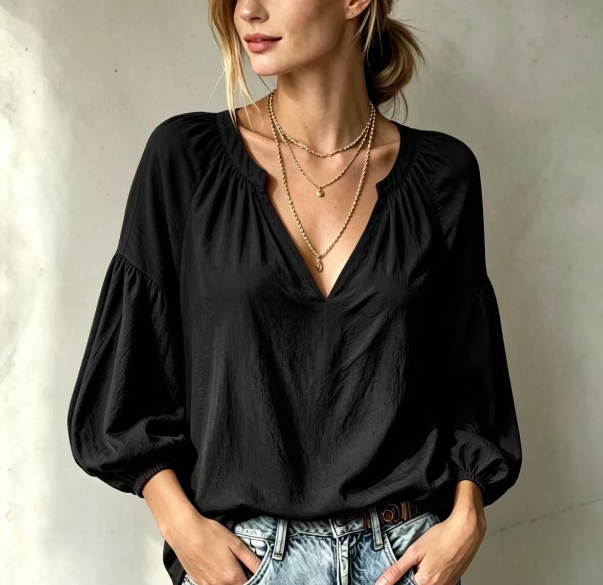 Womens Casual V-neck Pleated Loose-fit Long-sleeve