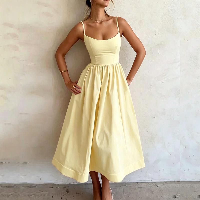 New Summer Women  Fashion Cross-Border European And American Dress Sexy Waist-Tied Pleated Solid Color Flared Spaghetti Strap Dress