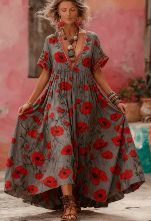 Women's Printed Elegant V-Neck Long Dress