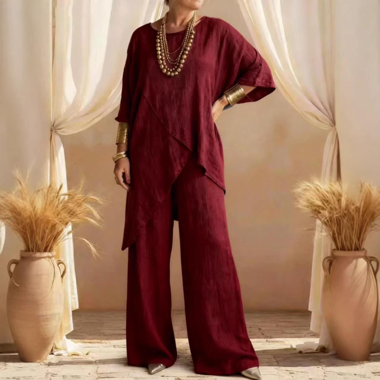 Womens Cotton-linen Crew-neck Loose Casual Two-piece Set