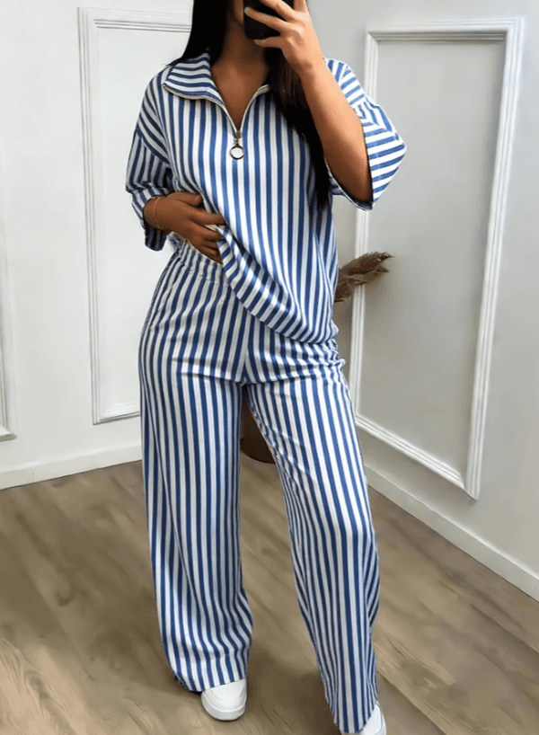Color-block Stand-collar Short-sleeve Wide-leg Pants Two-piece Set