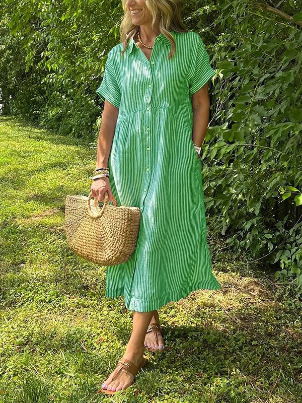 Loose Striped Short Sleeve Casual Cotton And Linen Dress